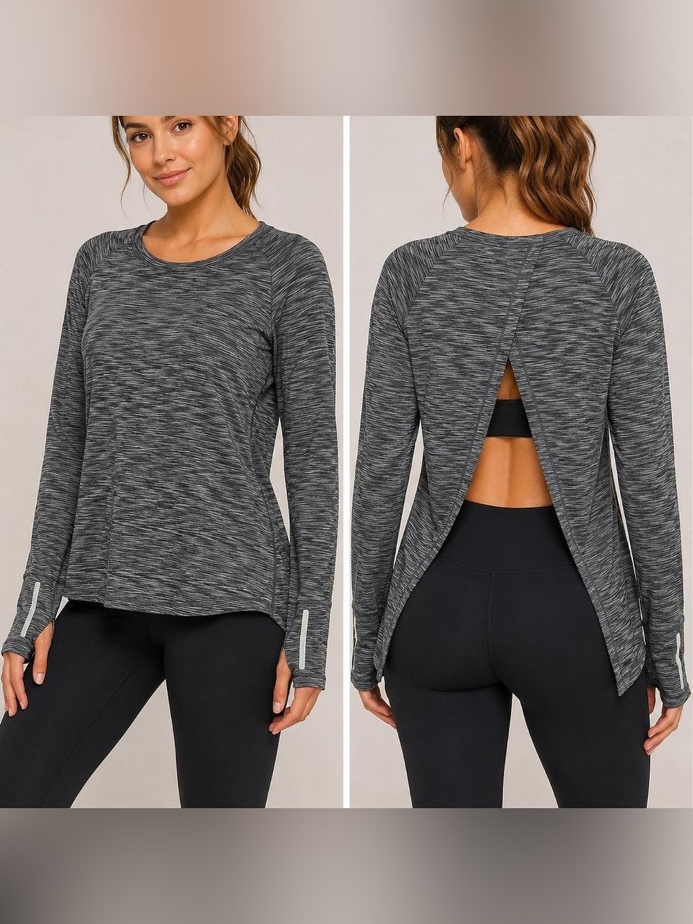 ZYIA Heathered Charcoal Open-Back Long Sleeve Top